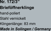 Nr. 172/3”  Brieföffnerklinge hand-poliert Stahl vernickelt Klingenlänge: 83 mm Made in Solingen / Germany